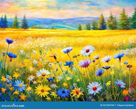 Meadow Landscape With Wildflowers Summer Flowers Abstract Oil