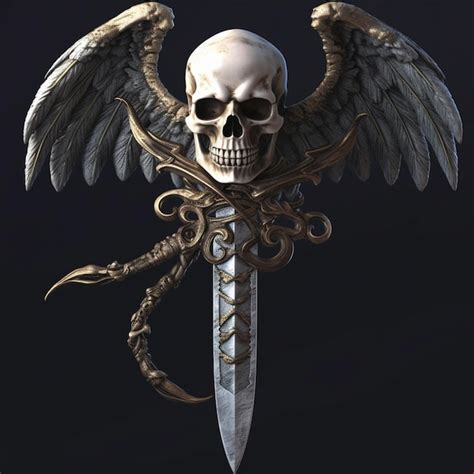 Premium AI Image A Close Up Of A Skull With Wings And A Sword