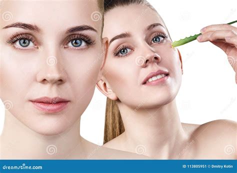 Collage Of Woman With Aloe Vera Plant And Perfect Skin Stock Image