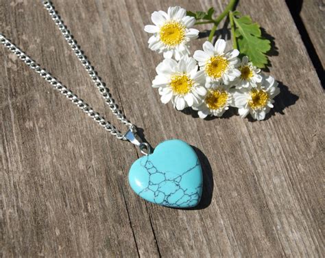 Turquoise Necklace Heart Pendant Gemstone Jewelry Blue Stone