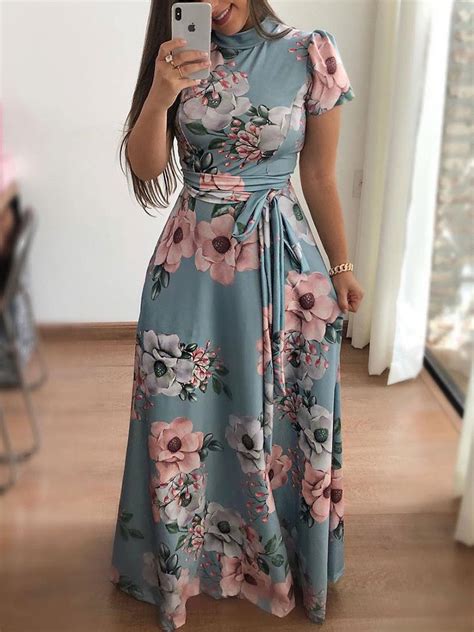 Robe Longue Imprimé Fleurie en Mousseline Femme avec Manches Courtes