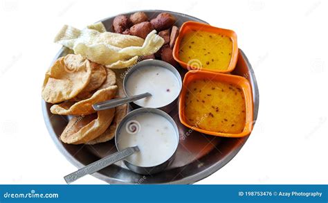 Indian Food Plate With Many Dishes Rice Chapati Dal Curry And Milk