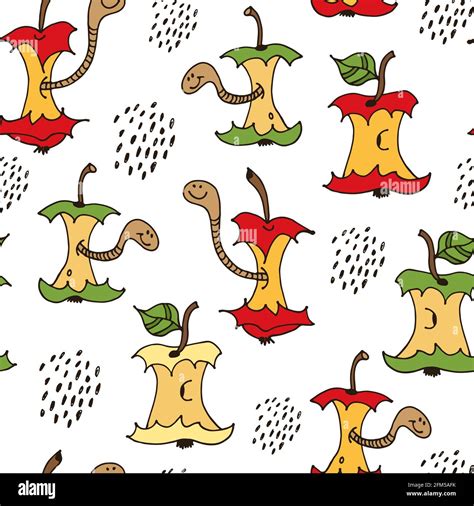 Cartoon Worms In Apple Core Seamless Pattern Hand Drawn Vector