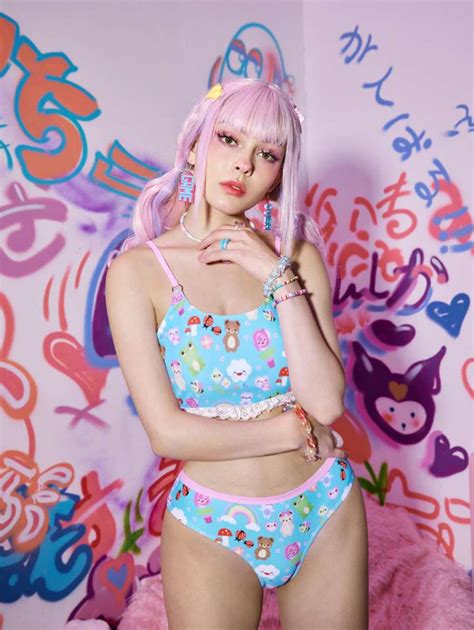 Marria Parrish Cartoon Print Contrast Lace Bikini Shein Usa