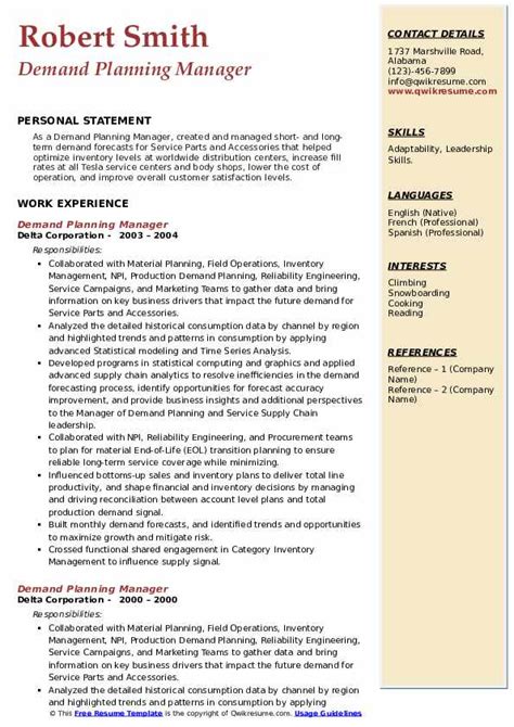 Demand Planning Manager Resume Samples Qwikresume