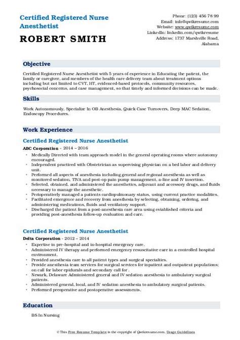 Certified Registered Nurse Anesthetist Resume Samples Qwikresume