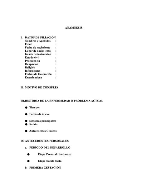 Modelo DE Informe 1 ANAMNESIS I DATOS DE FILIACIÓN Nombres y