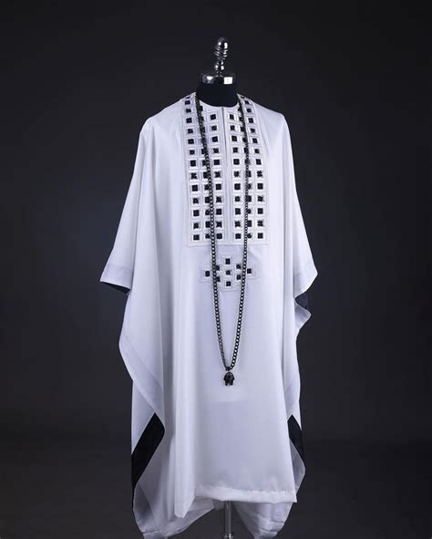 A White Connected Square Embroidery Design Agbada By Dejiandkola Men