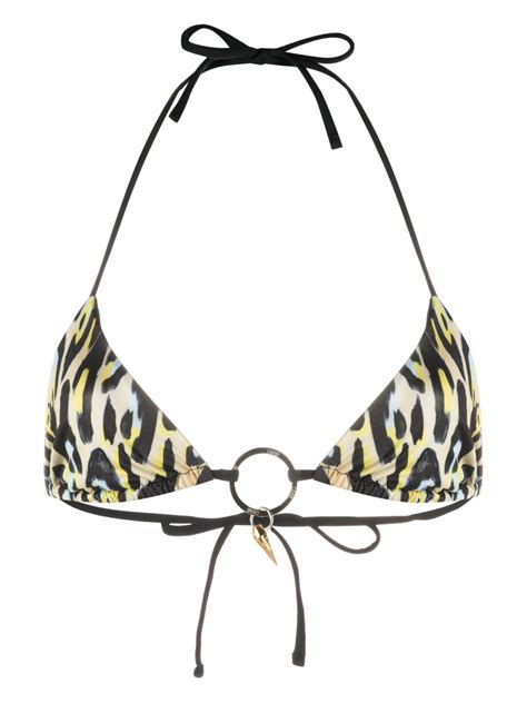 Roberto Cavalli Leopard Print Teeth Pendant Bikini Top Black FARFETCH