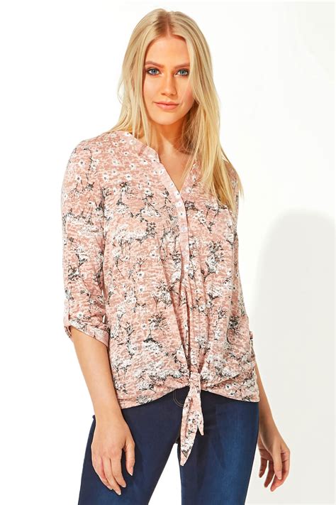 Floral Print Tie Front Top In Light Pink Roman Originals Uk