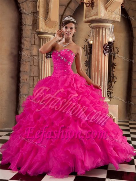 Hot Pink Strapless Long Ruffled Organza Sweet 16 Dresses With Beading