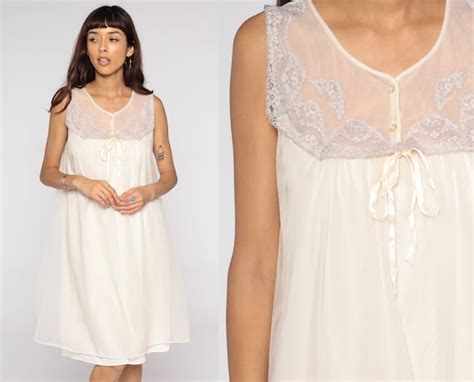 Off White Nightgown Lingerie Filmy Slip Dress S Bab Gem