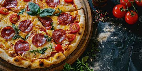 Pizza With Salami Mozzarella And Tomatoes On A Dark Background Ai