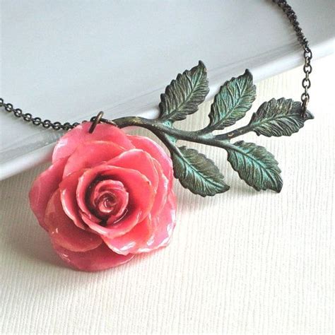 Preserved Pink Rose Necklace Real Flower Necklace Verdigris Etsy