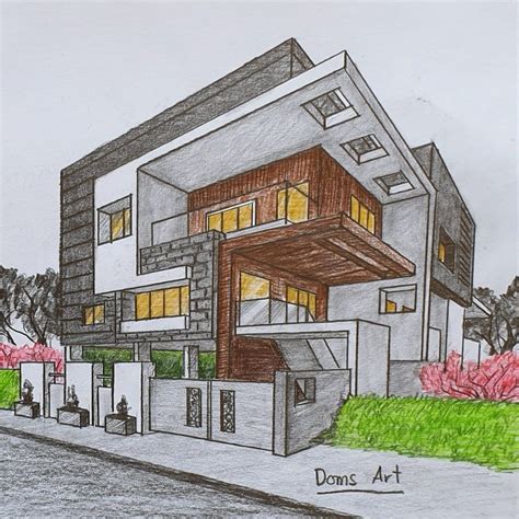 Modern House in 2 point perspective by Doms Art | Architectuur tekening, Architectuur schets ...