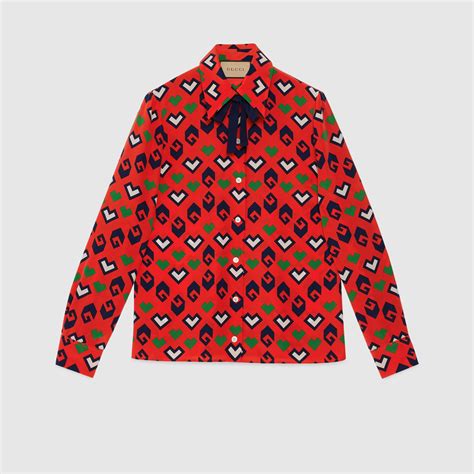 Camicia In Seta Con Stampa G Quadro In Rosso E Verde GUCCI Italia