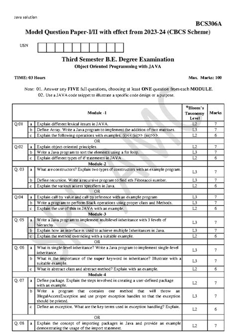 OOPS WITH JAVA BCS306A Solved Model Question Paper BCS306A Model