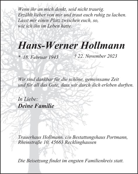 Traueranzeigen Von Hans Werner Hollmann Trauer In Nrwde