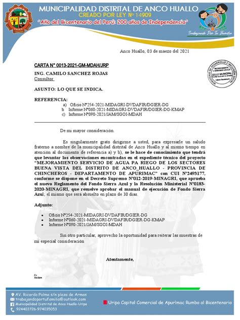 Carta Nº014 2020 Mdah Remito Informe Para El Levantamiento De