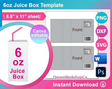 6oz Juice Box Wrapper Template Svg Dxf Canva Ms Word Docx Etsy