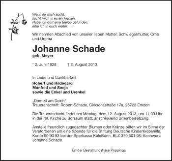 Traueranzeigen Von Johanne Schade Nordwest Trauer De