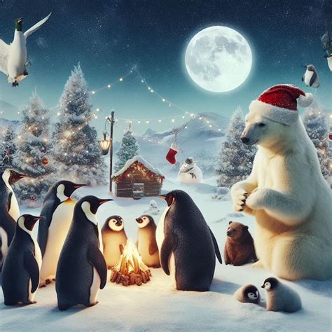 Pinguins e ursos polares comemorando o natal no ártico imagens de