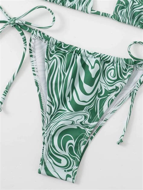 Ba Ador Bikini Tri Ngulo Halter Con Patr N De Fluido Abstracto Verde