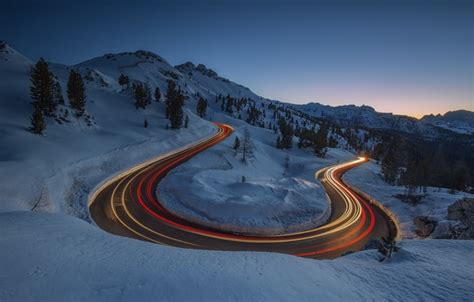 Wallpaper Winter Road Light Mountains Images For Desktop Section