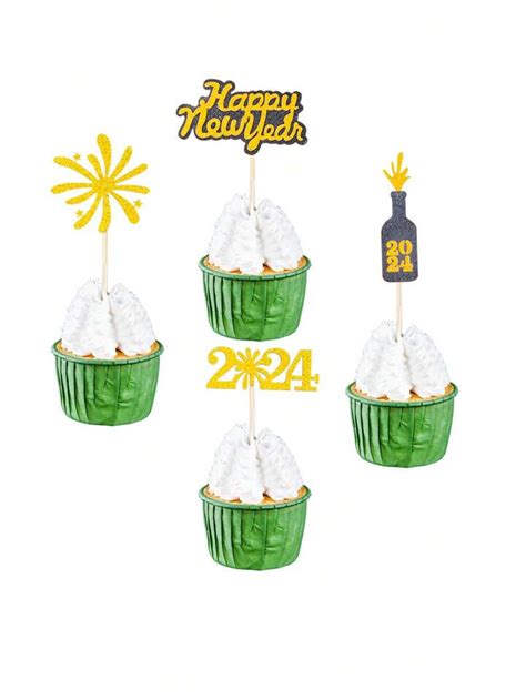 12 Pcs Glitter Happy New Year Cupcake Toppers 2024 Gold Black Cupcake