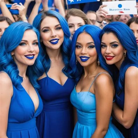 5 Ladies With Blue Eyes Flowing Blue Hair Smiling