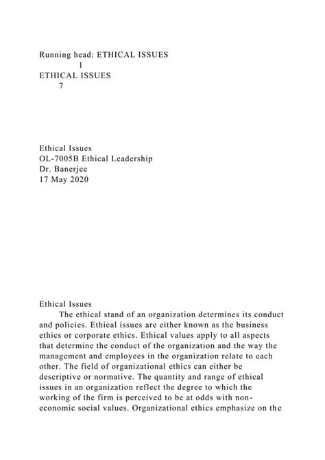 Running Head ETHICAL ISSUES 1ETHICAL ISSUES 7 Docx