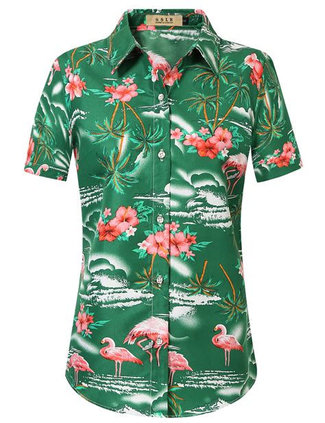 Sslr Hawaiian Shirt For Women Flamingo Short Sleeve Casual Button Down