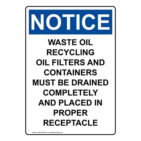 Vertical Waste Oil Recycling Oil Filters Sign Osha Notice