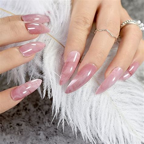 Extra Long Stiletto False Nails Pre Designed Curved Pink Marble Press