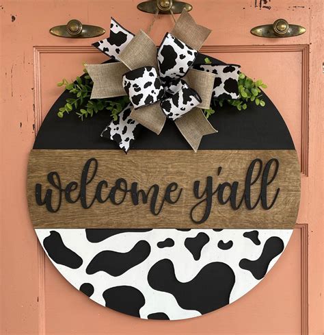 Welcome Yall Farmhouse Black Cow Print Door Hanger Personallzed Cow