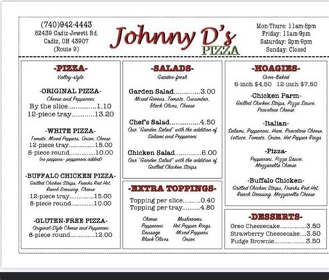 Menu At Johnny D S Pizza Pizzeria Cadiz