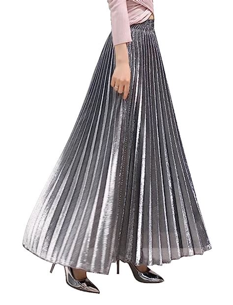 Buy Chartou Womens Premium Metallic Shiny Shimmer Accordion Pleated Long Maxi Skirt At