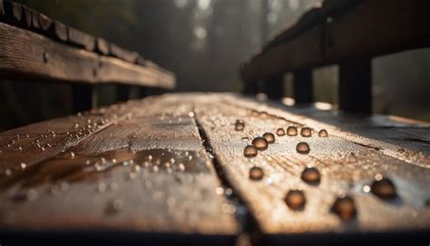 Free Photo Wet Raindrop On Wood Plank Reflects Abstract Nature