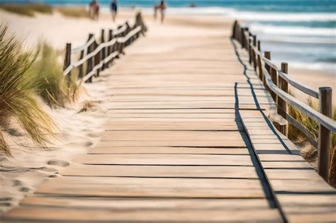 Un paseo marítimo de madera conduce a una playa con una pasarela de