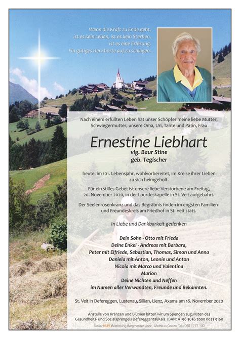 Todesanzeige Ernestine Liebhart Trauer Link