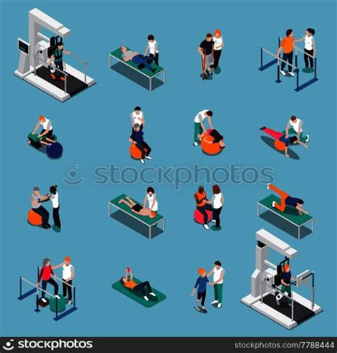 Isolated Physiotherapy Rehabilitation Isometric People Icon Set With