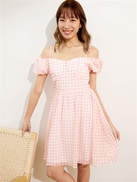 Gingham Off Shoulder Mini Dress Pink Pomelo Fashion