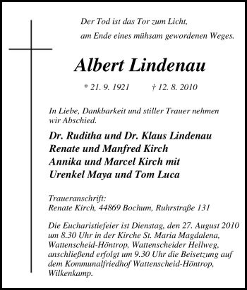 Traueranzeigen Von Albert Lindenau Trauer In Nrw De