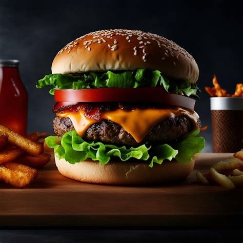 Una Hamburguesa Con Lechuga Tomate Y Queso Se Sienta En Una Mesa Junto