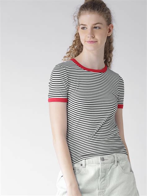 Buy Forever 21 Women Black And White Striped Round Neck T Shirt Tshirts For Women 1793384 Myntra