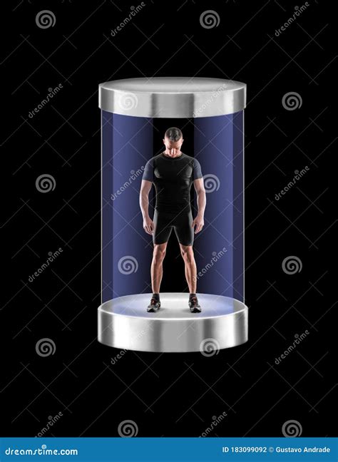Human Body Inside Glass Capsule Isolated From Contagion Risk Stock