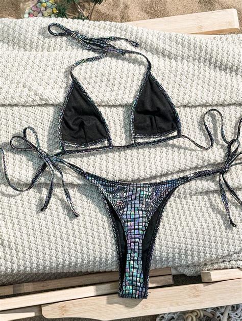 Shein Swim Women S Metal Snake Skin Texture Halter Neck Micro Triangle Bikini Set Two Pieces Set