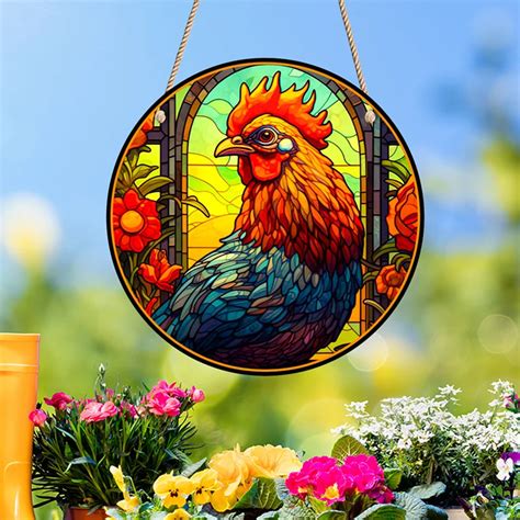 Rooster Round Suncatchers Stained Acrylic Offices Glass Window Hanging Painting Garden