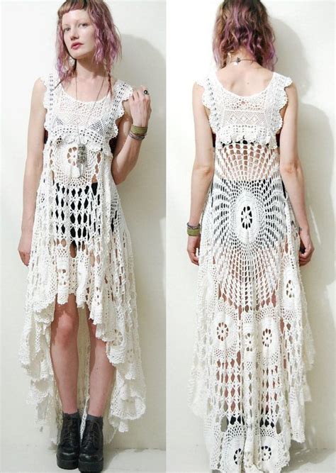 Crochet Dress Vintage Lace White Fishtail Train Bohemian Hippie Cotton