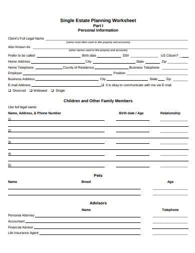 Free Estate Planning Worksheet Worksheet Online